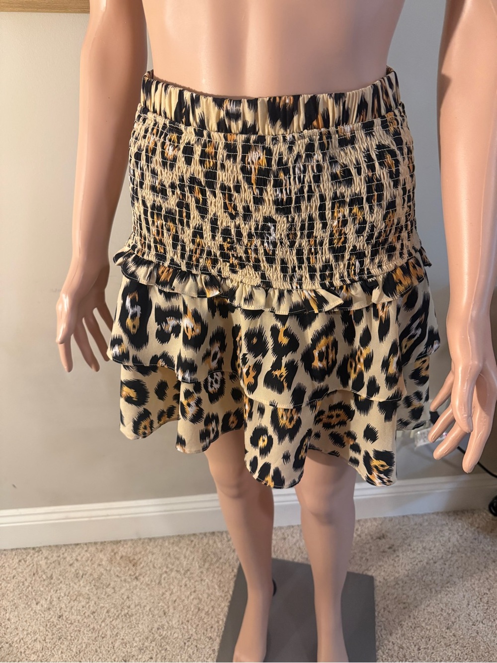English Factory Leopard Print Smocked Tiered Mini Skirt - Beige/Black/Brown